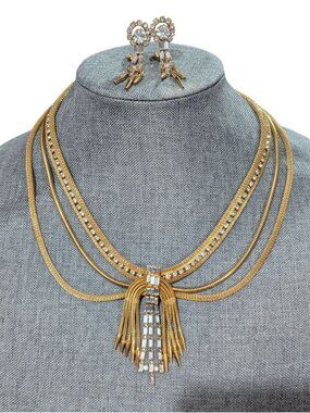 Vintage Gold-Tone Waterfall Rhinestone Necklace & Clip-On Earrings Set 1970s